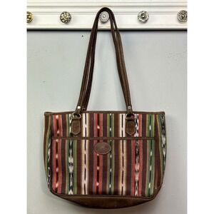Vintage Guatemala Woven Striped Tote Bag Brown Leather Trim Shoulder Bag Multi